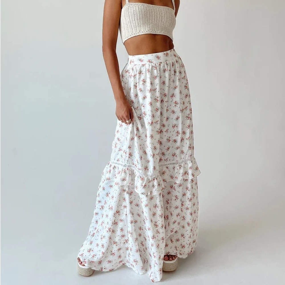 Princess Polly White Maxi Skirt with Pink Floral Print